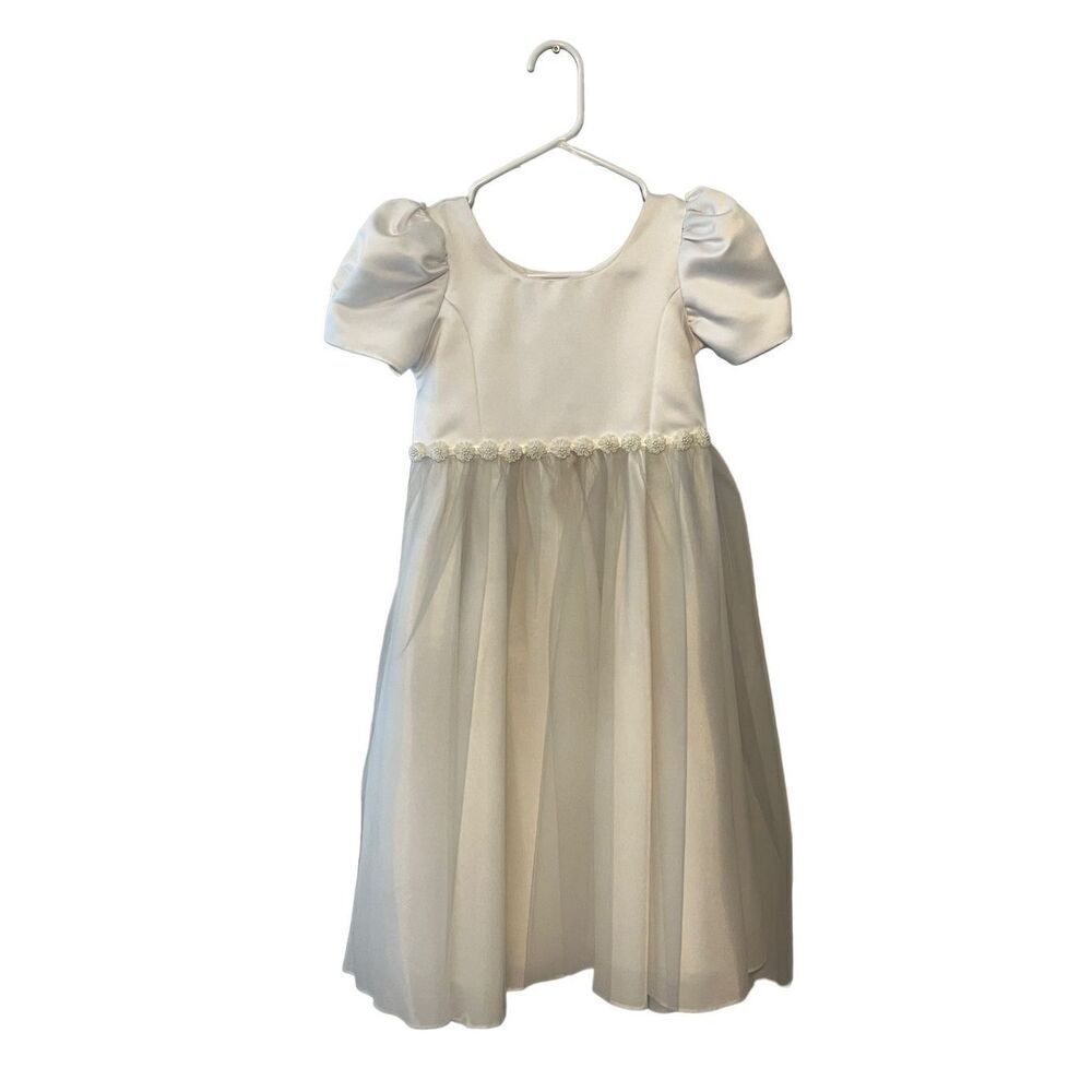Tip Top Kids white satin Flower Girl/Communion dress with poof sleeves and tulle